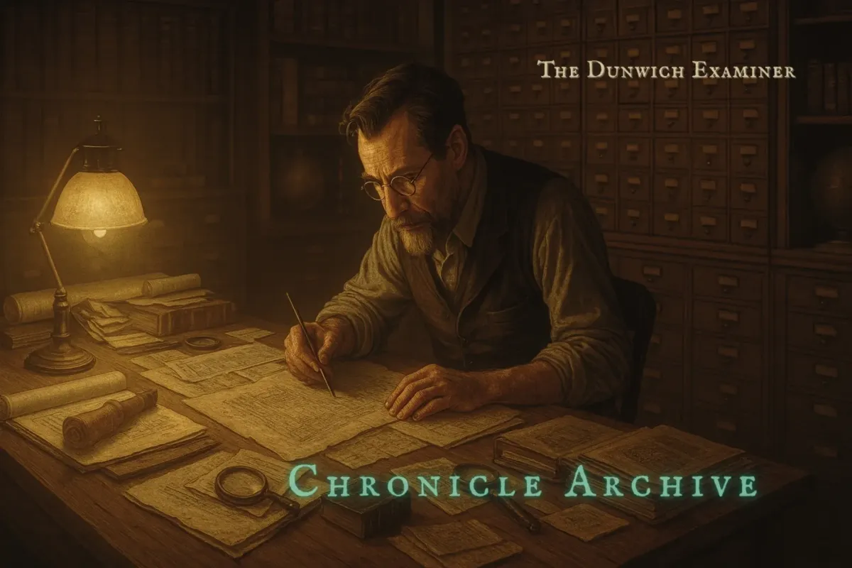 Bearded man in glasses studies old documents at a wooden desk under a warm lamp, surrounded by maps, books, and card catalog drawers in a dim archive room.