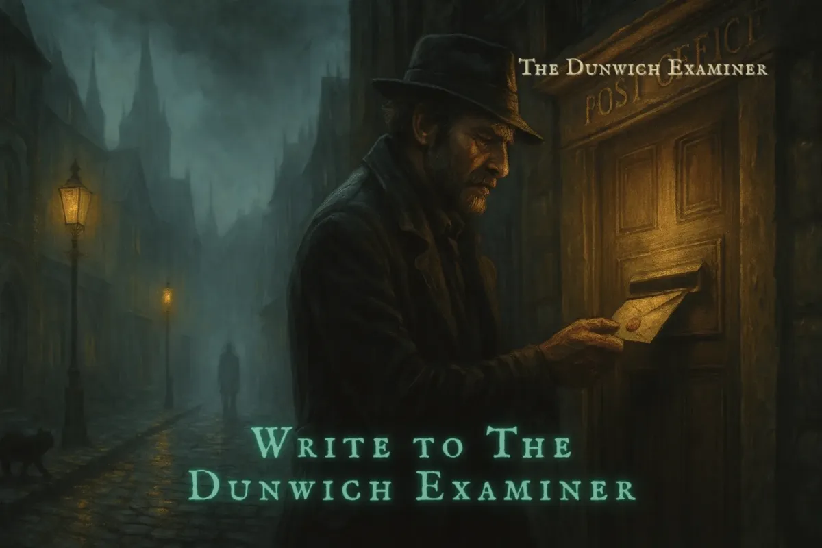 A trench-coated investigator slides a wax-sealed envelope into a brass letter slot on a stone post-office door, gaslamps glowing through Arkham’s wet, fog-shrouded street.