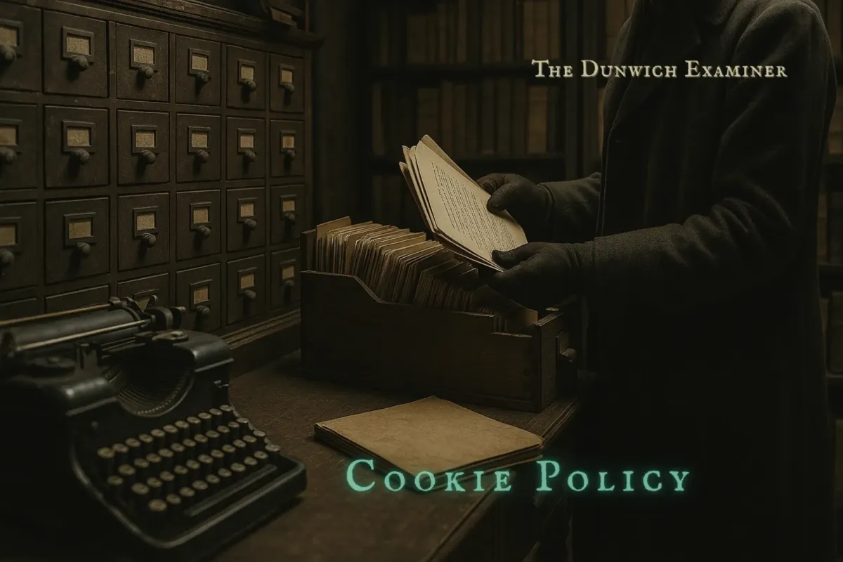 A dimly lit archive room with rows of wooden card catalog drawers, a vintage typewriter on a desk, and a figure in a dark overcoat and gloves examining papers from a file drawer, evoking secrecy and careful record-keeping.