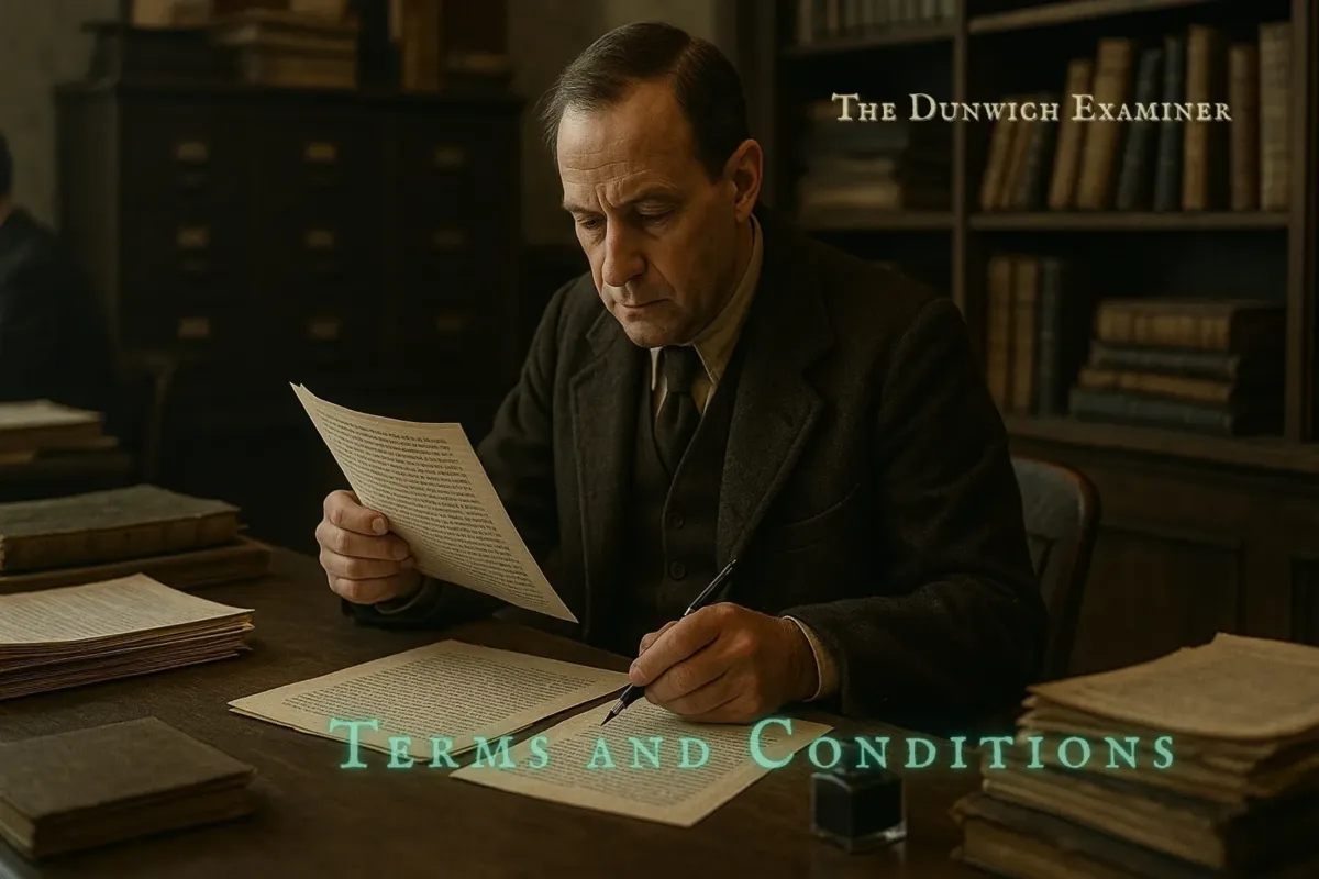 A middle-aged clerk in a dark suit sits at a wooden desk in a busy early 20th-century office, reviewing a typed page while writing with a fountain pen beside an inkwell. Stacks of papers, ledgers, and shelves of books and cabinets fill the background.