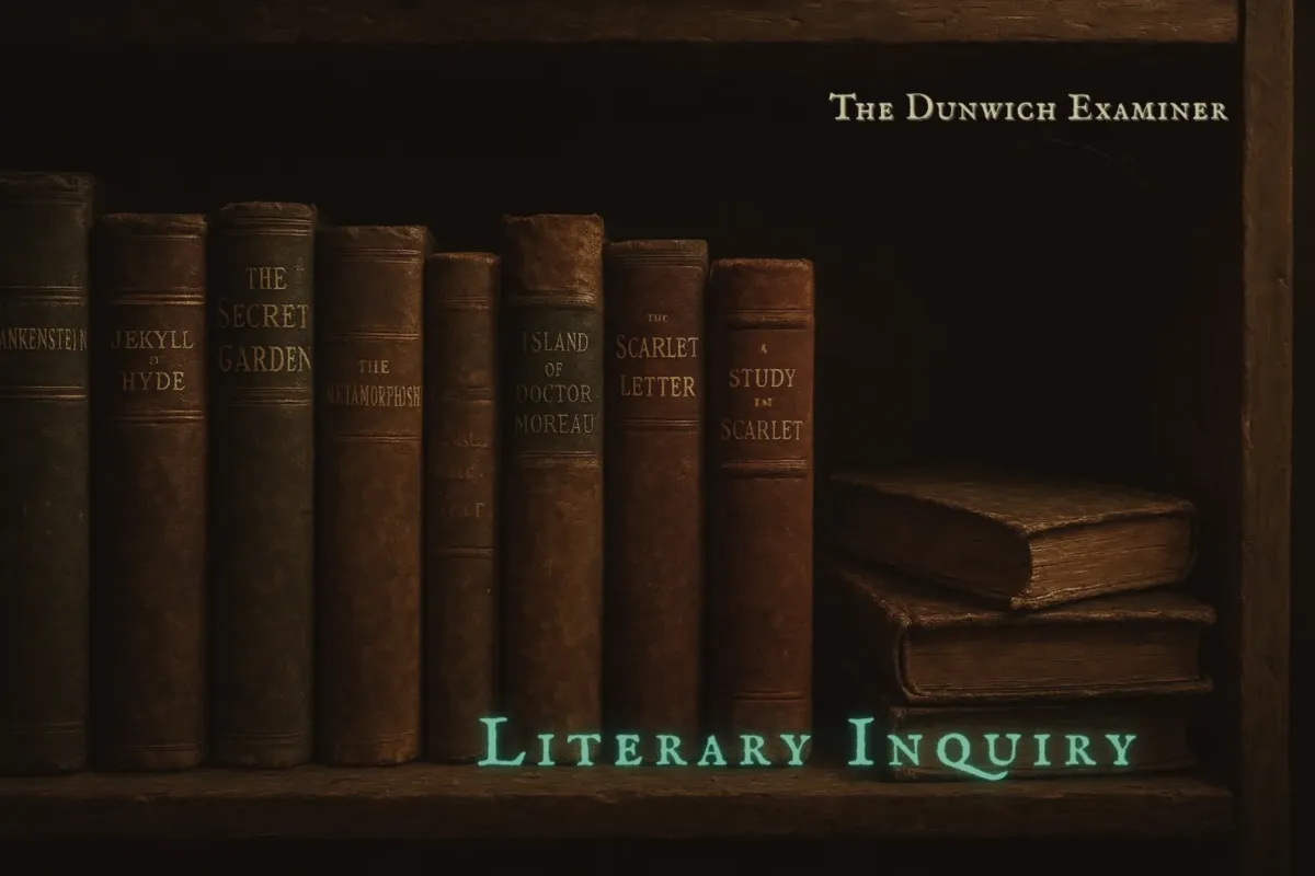 Aged classics line a dusty oak shelf in dim light, each spine unique and timeworn, capturing the Gothic reverence of forgotten literature.