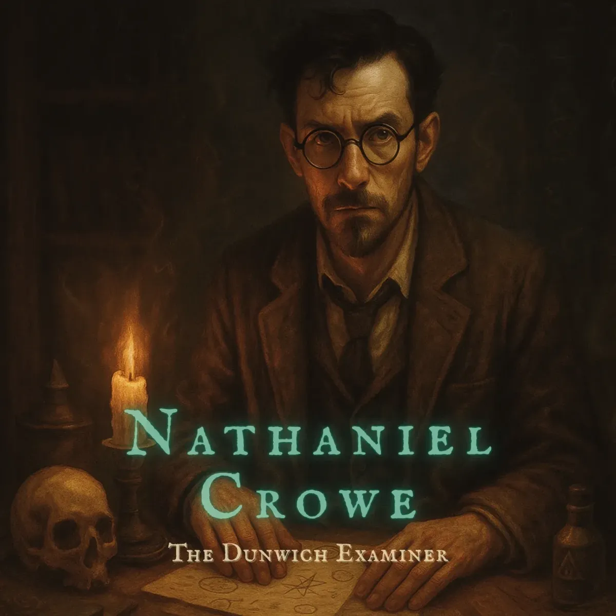 A moody portrait of Nathaniel Crowe, the occult investigator and arcane scholar, seated at a candlelit desk strewn with esoteric diagrams and ancient parchment. Clad in a weathered 1920s suit and horn-rimmed glasses, Crowe stares forward with intense, haunted eyes. A human skull, alchemical bottle, and faintly glowing eldritch symbols surround him in the dim, smoky gloom, capturing the eerie, Lovecraftian essence of his investigations into the unknown.