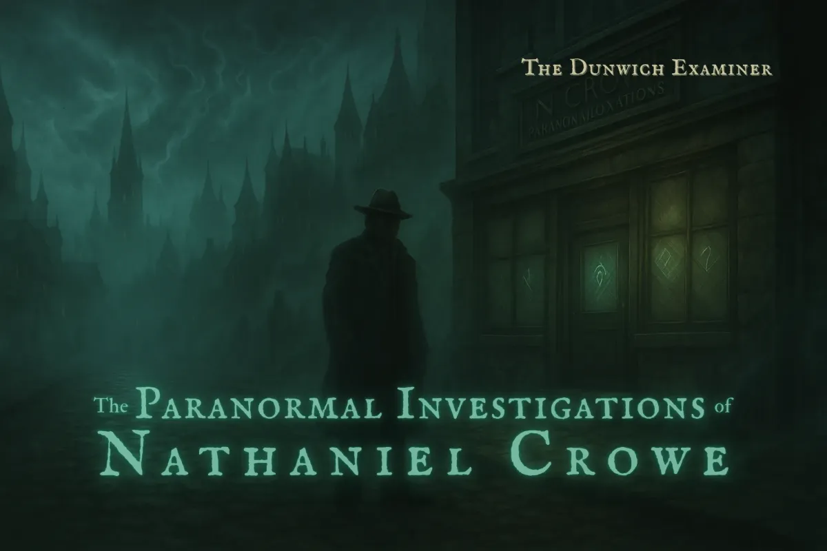 Silhouetted man in a fedora stands on a misty cobblestone street before a shadowed building with glowing symbols, gothic spires rising in the foggy distance.