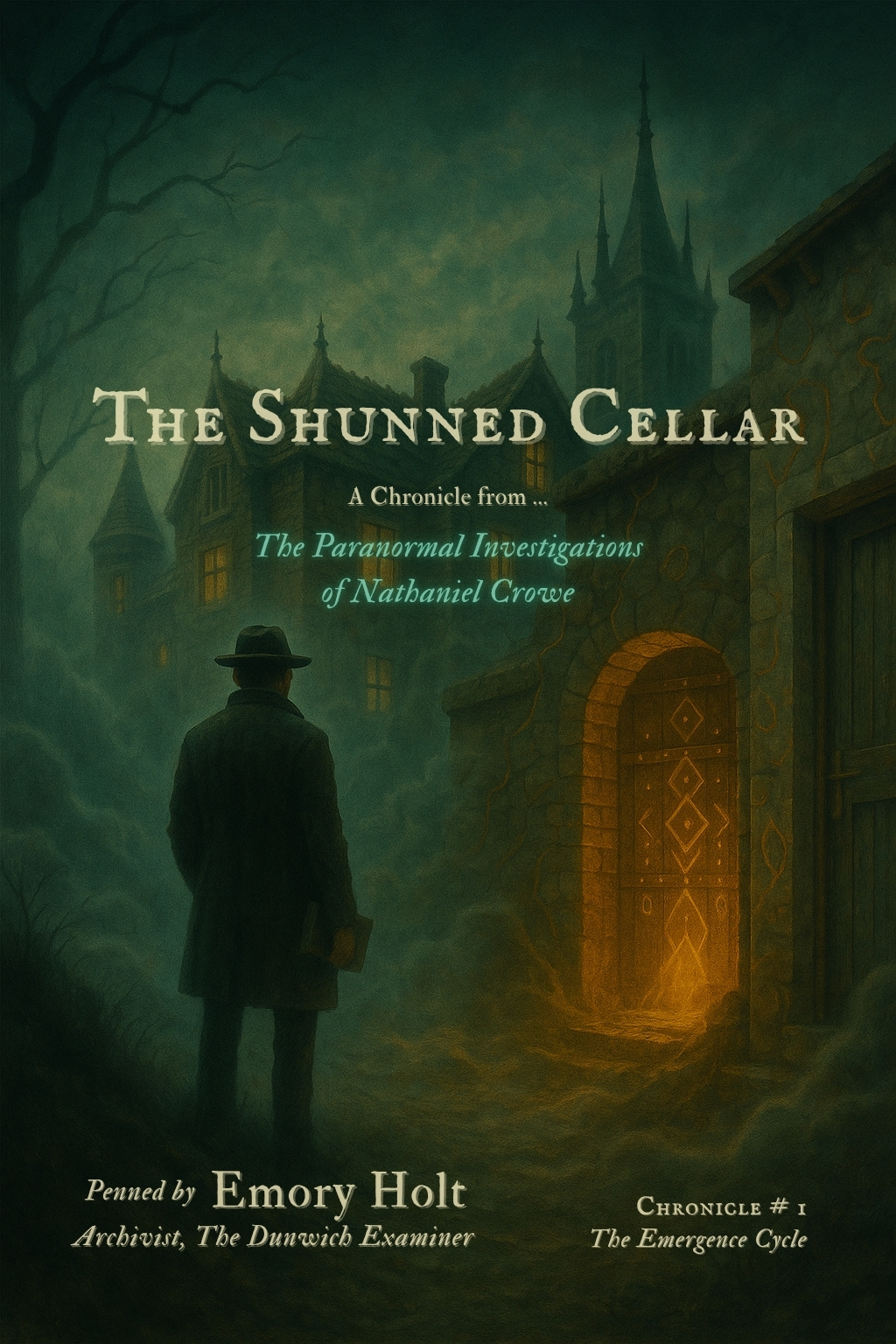 Silhouetted man in a fedora approaches a dark, gothic house in a foggy forest, its cellar door glowing with an eerie orange light through carved symbols.