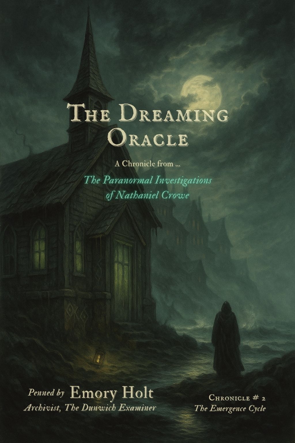 Silhouetted man stands on a dark shoreline, gazing toward a towering, spiral-marked fortress rising from the sea under a foreboding green sky.