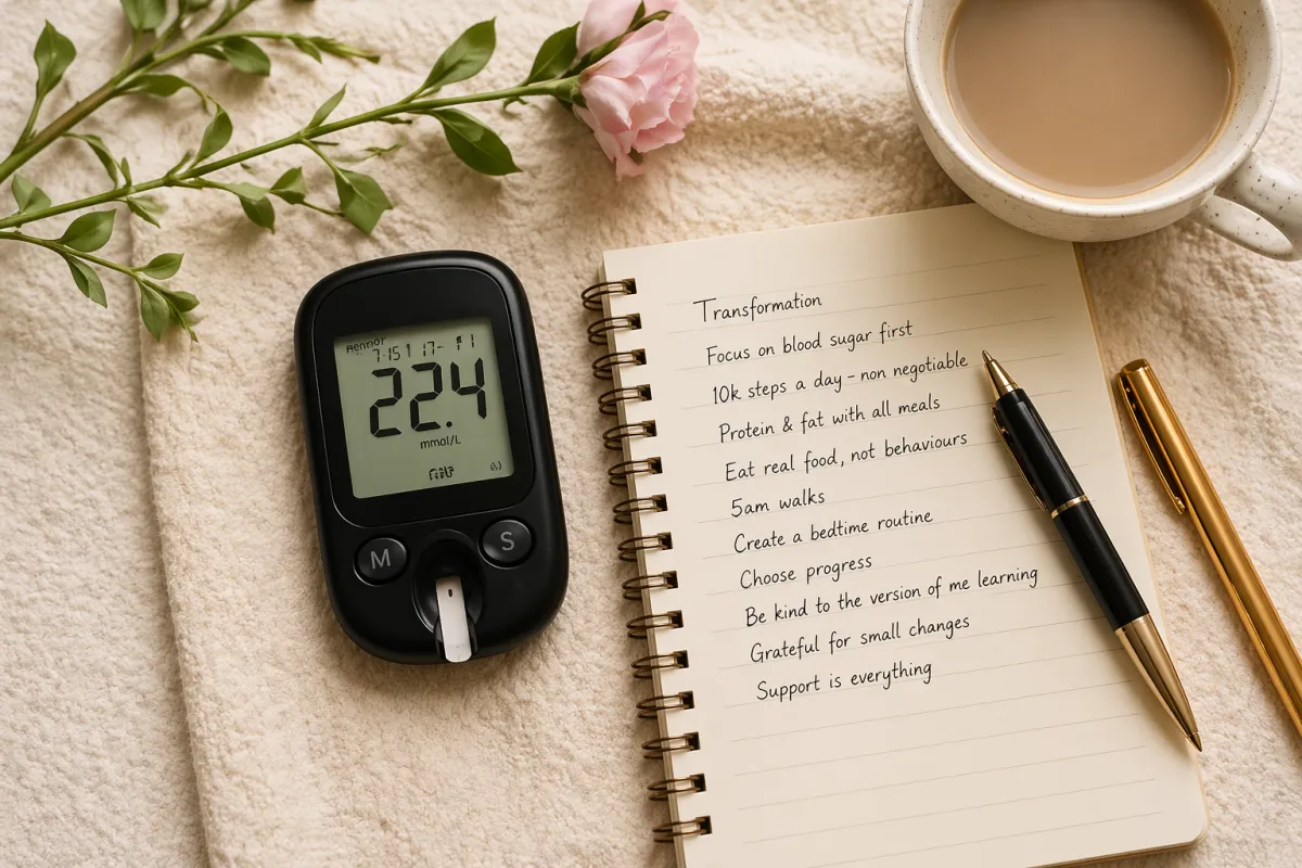 Blood sugar monitor and notebook on a wooden table