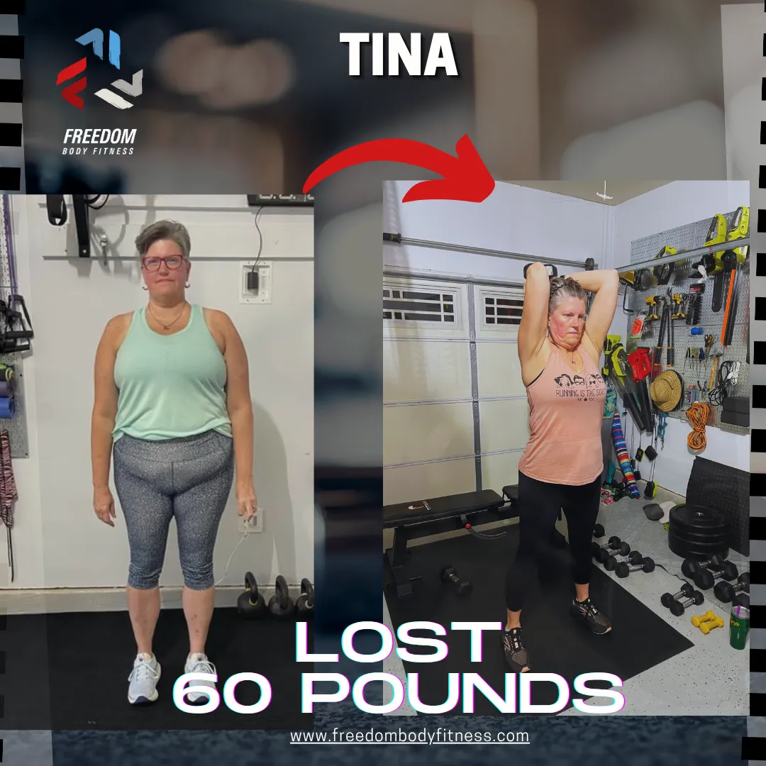Tina’s 60-pound transformation through resistance training at Freedom Body Fitness in Schertz, TX