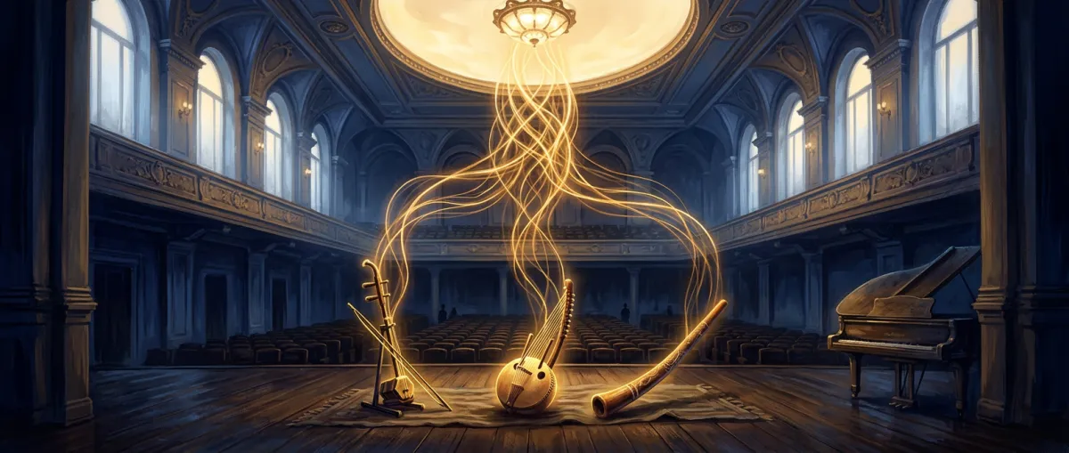 Three luminous instruments from different continents with golden sound waves interweaving into one chord-form above them