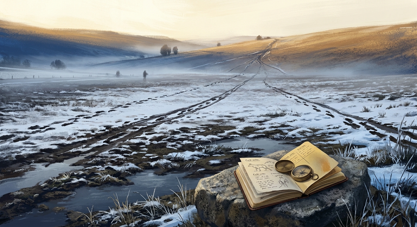 Three animal track-lines crossing a misty snow field from different directions toward one ridge point, field notebook and compass on a stone