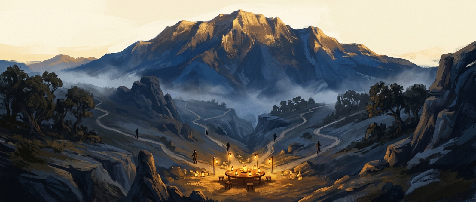 Six tiny silhouetted figures descending a luminous mountain by six different paths toward a warm lit round table at its base