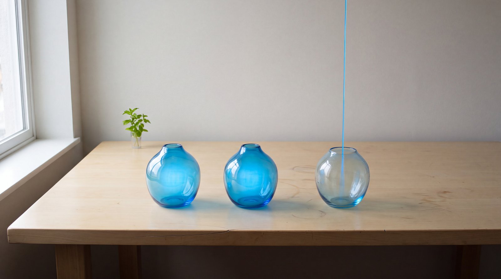 Three glass forms of one family on still water, two at rest and the third held in motion by one continuous supply.
