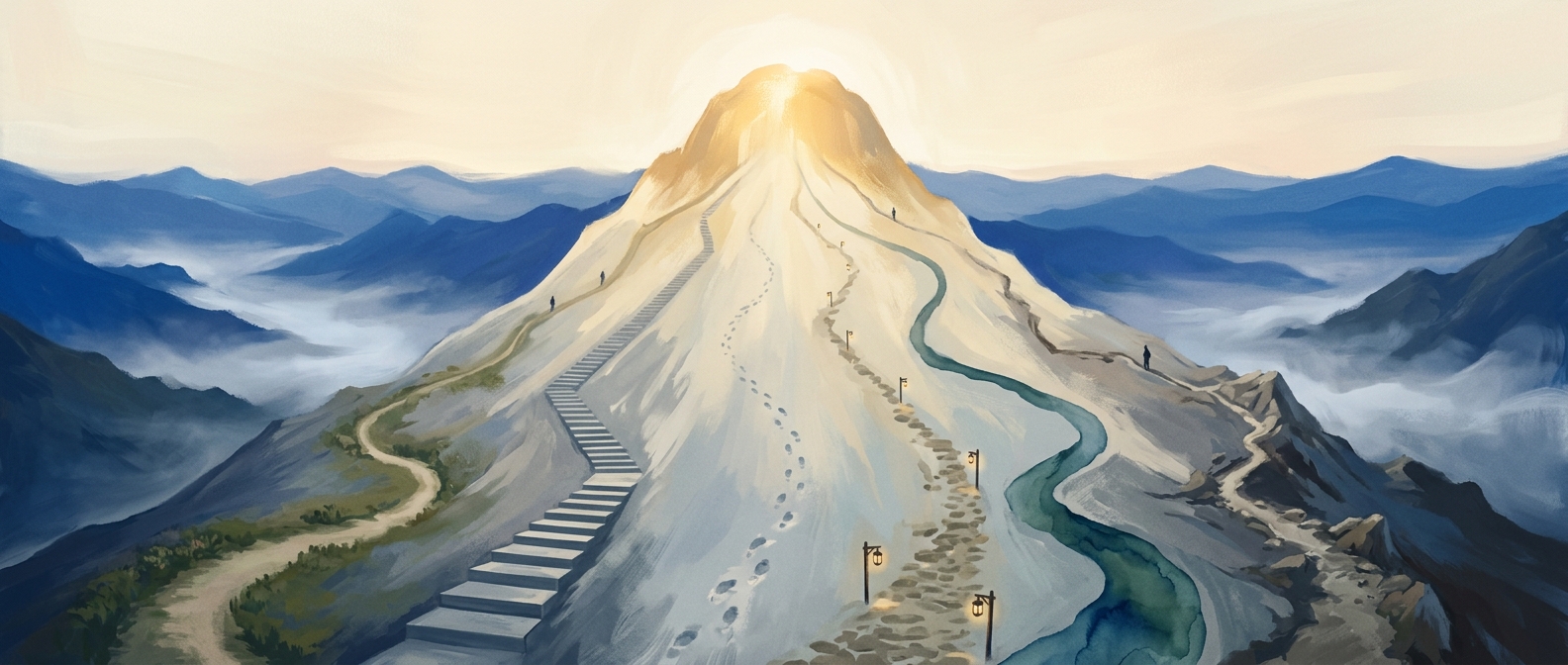 Six different climbing paths converging at the golden summit of one luminous mountain at dawn