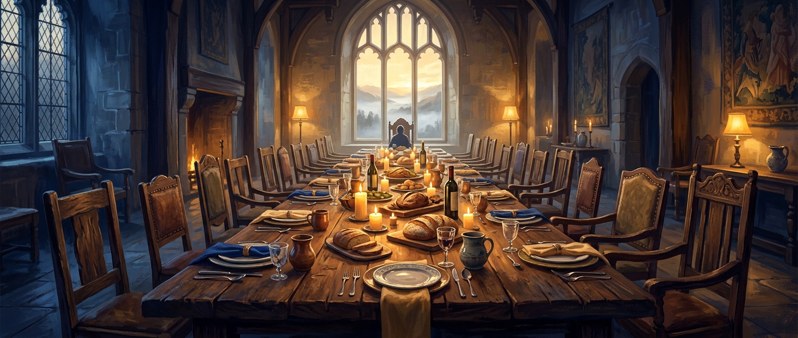 A long wooden table set for a meal with mismatched place settings from many eras, candles and bread, dawn light through a tall window
