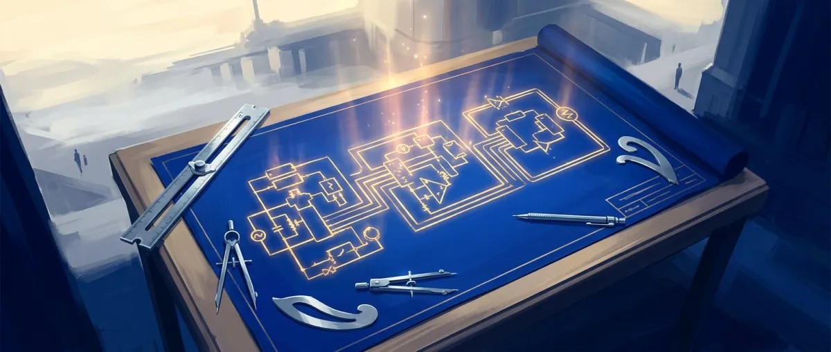 A luminous three-part circuit diagram drawn in gold ink on deep blue drafting paper with drafting tools