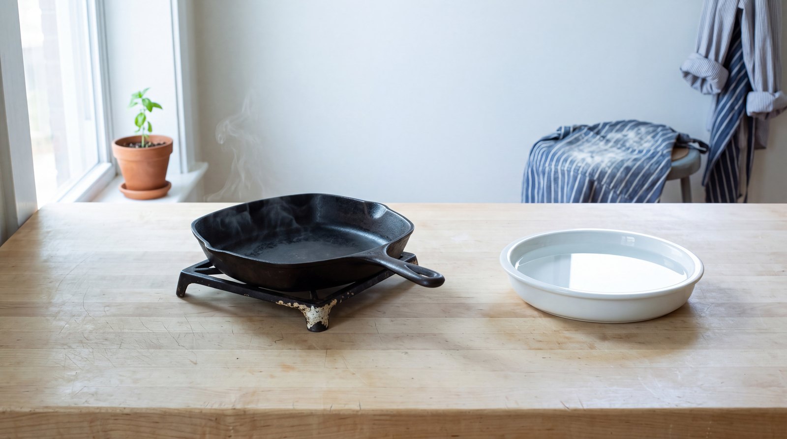 A hot pan resting on a trivet on a bright kitchen counter, a shallow dish of still water balancing the other side.