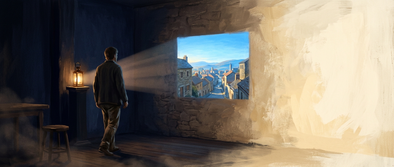 A person in a dim navy room watches a bright window showing a sunlit town, while a lantern behind their head projects the scene; the wall beyond the window fades into unpainted cream canvas