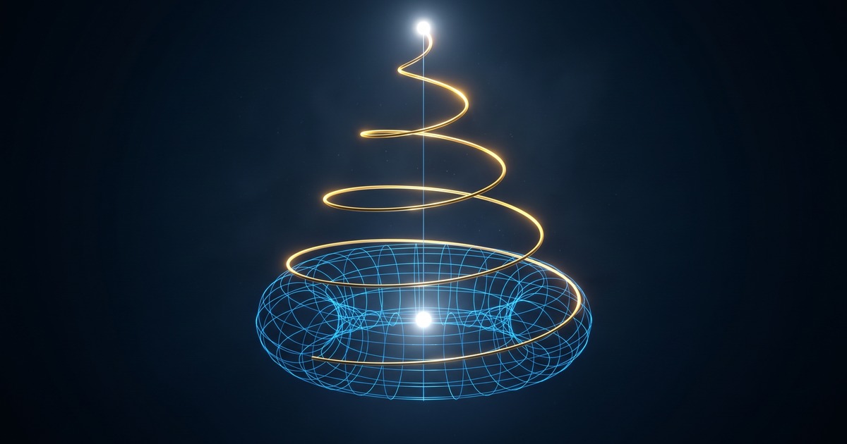 The unified geometry: a torus circulating and expanding, tracing a spiral up a cone toward one bright point.