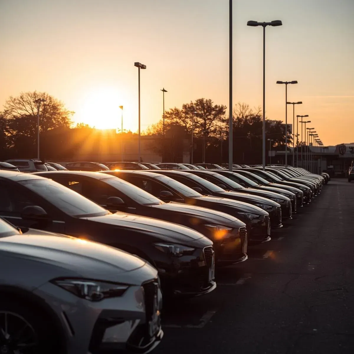 sunset view of new cars at a dealership