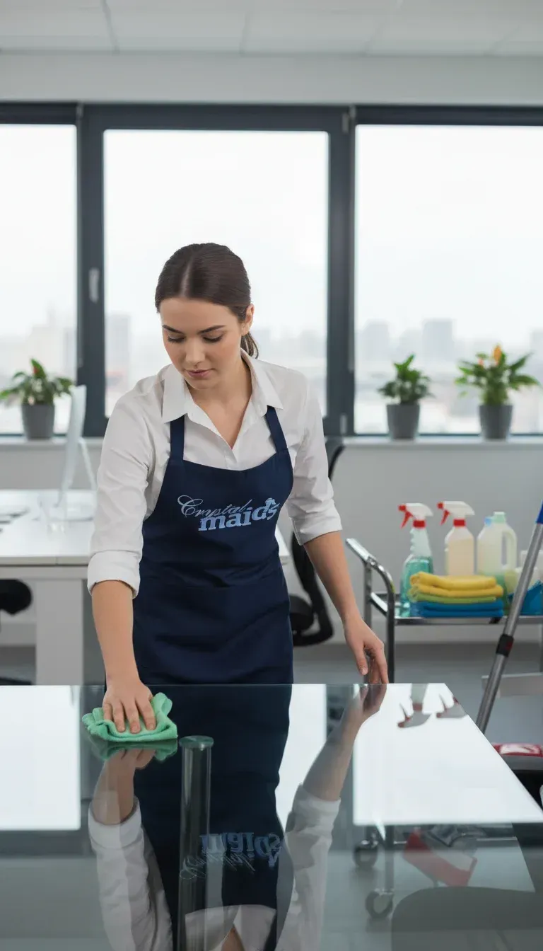 A Crystal Maids professional in a blue company uniform smiling while cleaning a modern kitchen with eco-friendly supplies.