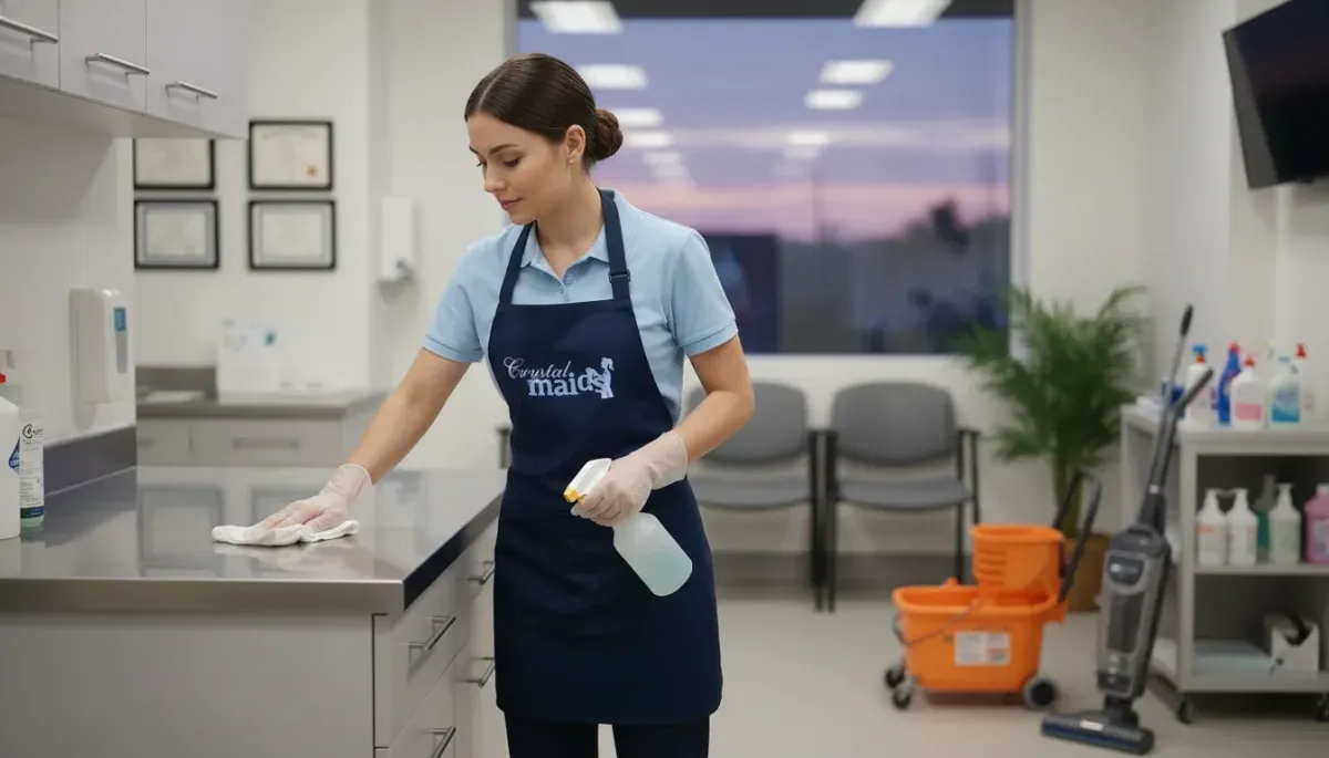 A Crystal Maids professional in a branded navy apron and gloves using a  microfiber cloth to polish a stainless steel in Fort Washington, Maryland