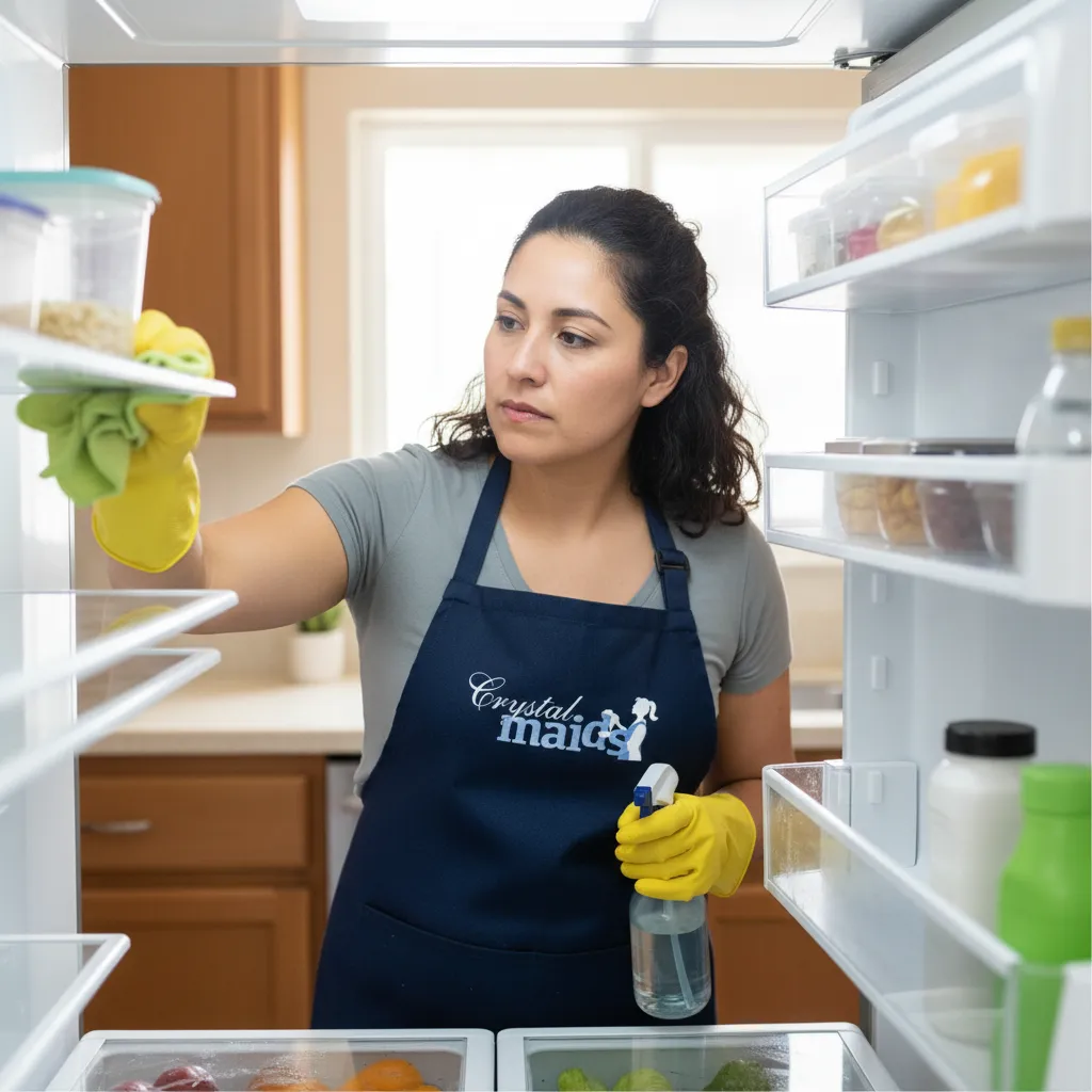 A Crystal Maids professional in a blue apron and gloves using a microfiber cloth to deep clean a stainless steel refrigerator