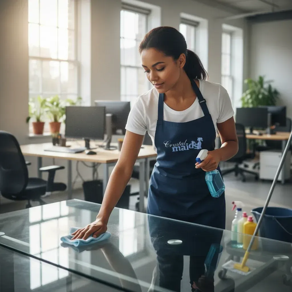 A Crystal Maids professional in a blue uniform cleaning a modern commercial office desk using eco-friendly supplies and a microfiber cloth.