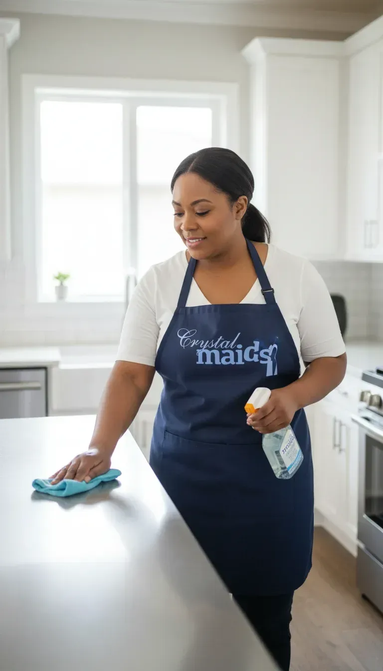 Crystal Maids team member in uniform smiling while performing professional residential cleaning in a bright kitchen.