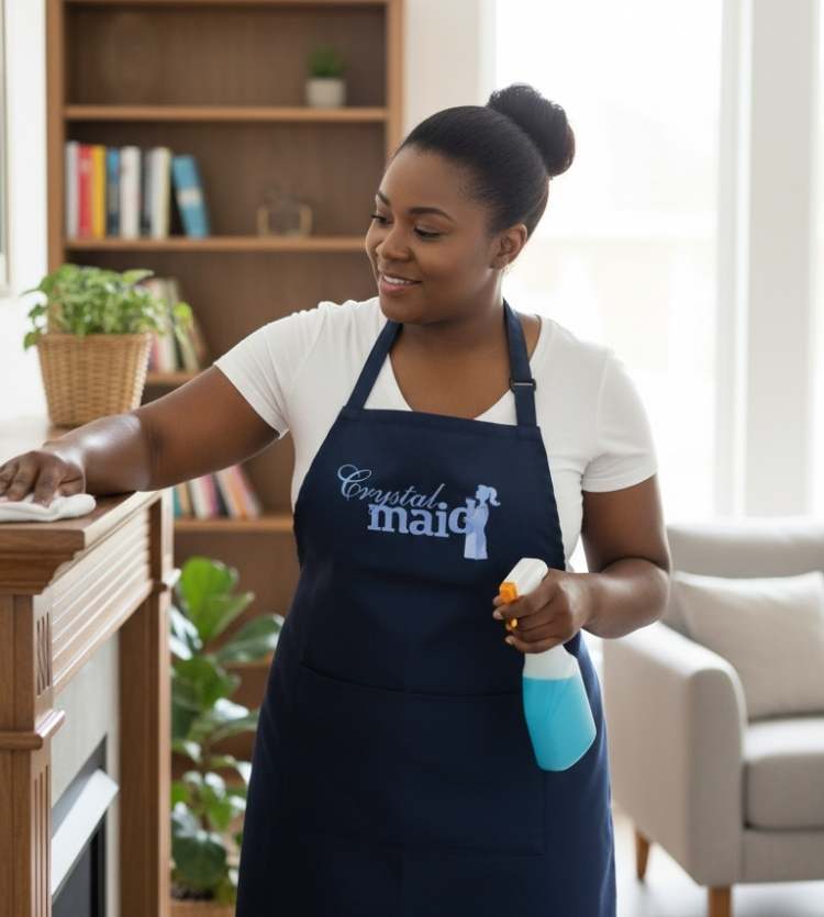 Crystal Maid employee in blue uniforms smiling while cleaning a modern kitchen with eco-friendly supplies.