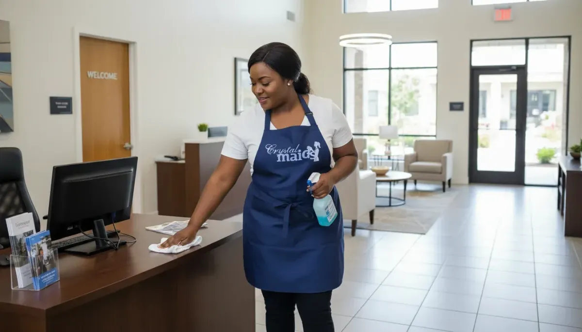 A Crystal Maids professional in a blue uniform cleaning a community clubhouse common area using eco-friendly supplies.