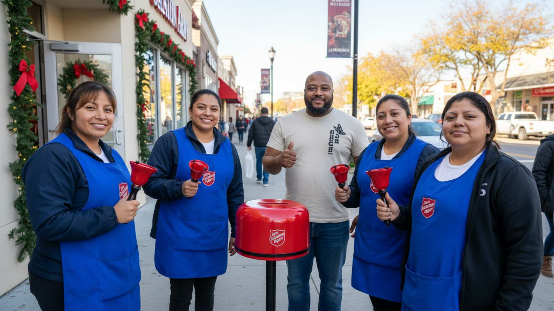 Crystal Maids team members in blue aprons volunteering for the Salvation Army Red Kettle campaign on a Maryland street.