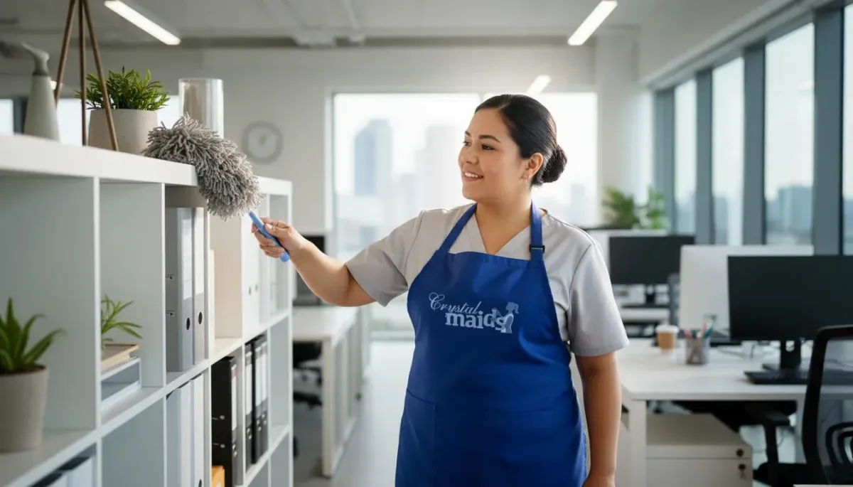 A Crystal Maids professional in a blue company uniform smiling while cleaning a modern home with eco-friendly supplies.