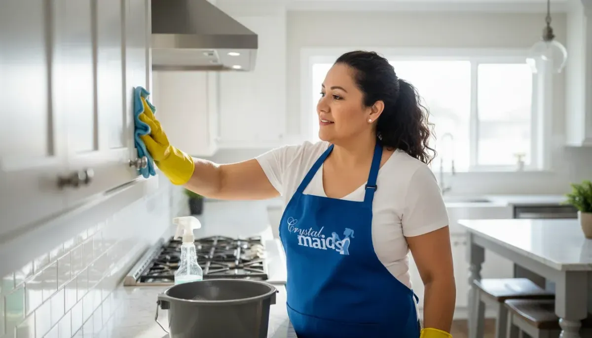 A Crystal Maids professional in a blue uniform cleaning a large community clubhouse common area using eco-friendly supplies.
