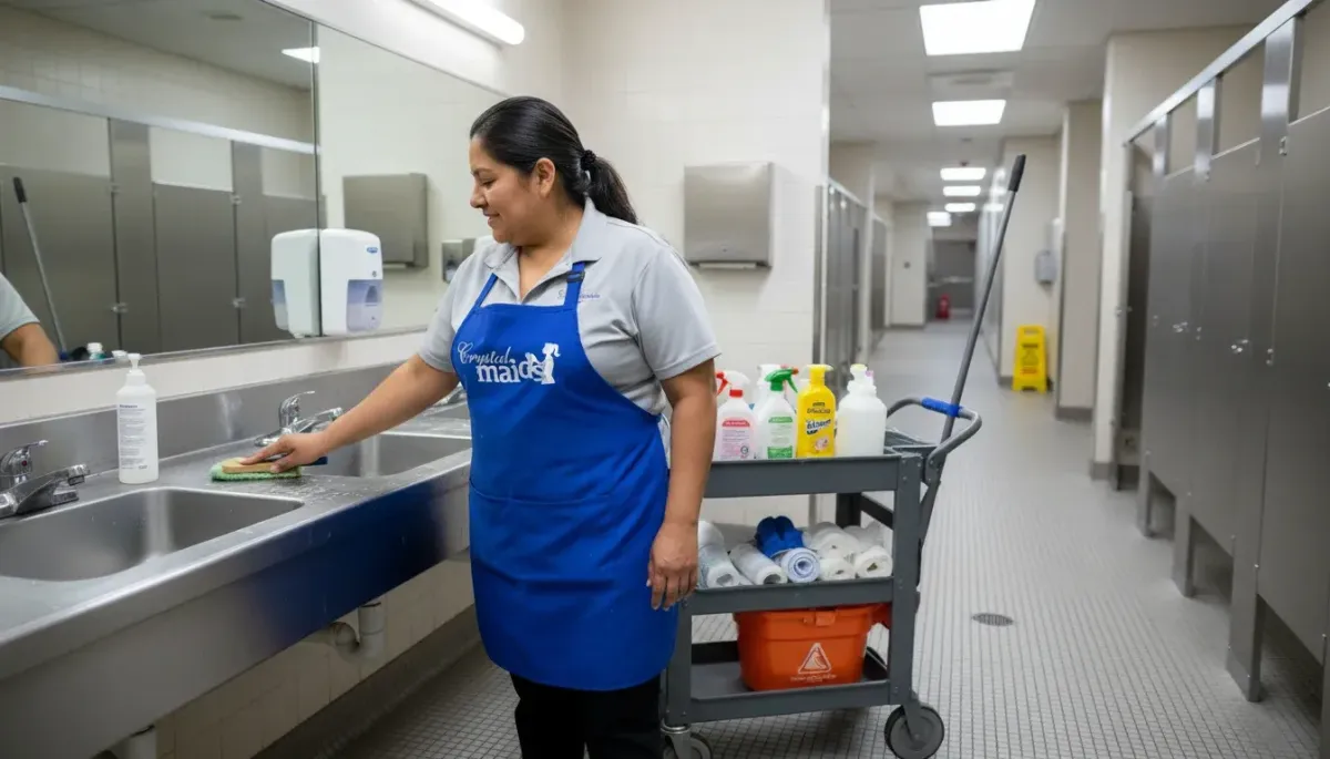A Crystal Maids professional in a blue uniform cleaning a large community clubhouse common area using eco-friendly supplies.