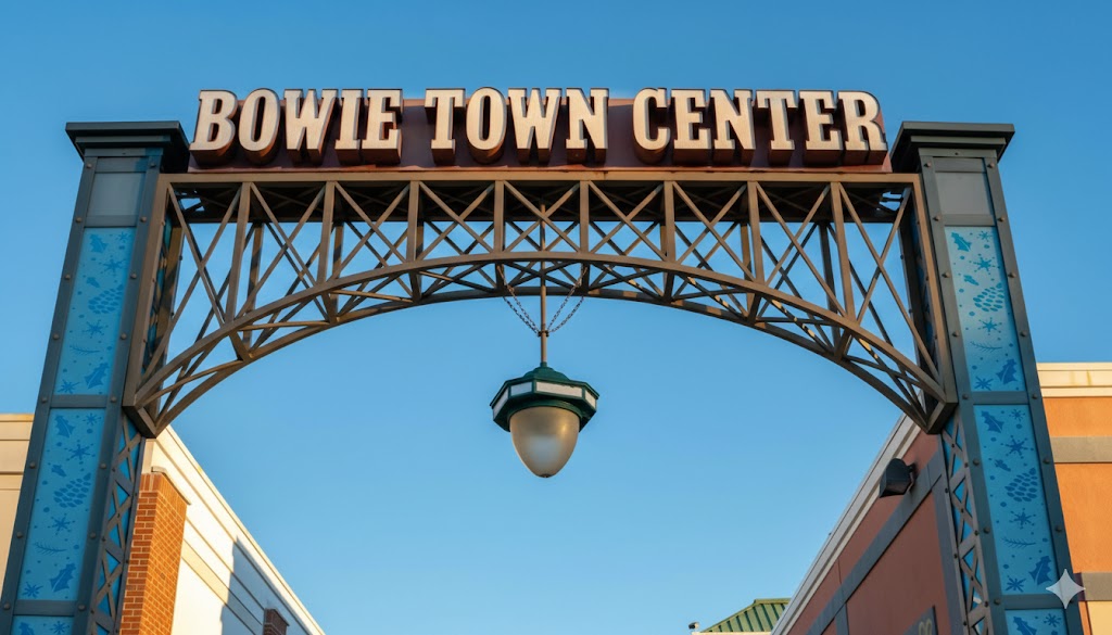 The iconic Bowie Town Center entrance arch at dusk, representing the primary service area for Crystal Maids in Maryland.