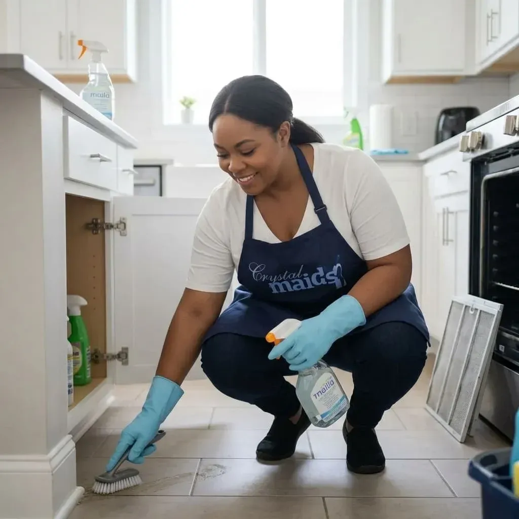 Crystal Maids team member in uniform smiling while performing professional residential cleaning in a bright kitchen.