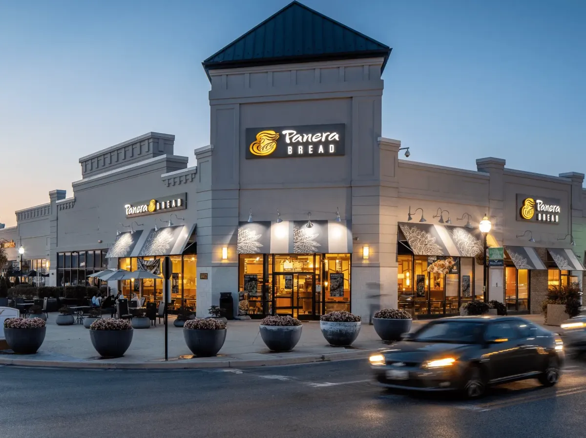 Exterior of Panera Bread at Waugh Chapel Towne Centre in Gambrills, Maryland, at twilight