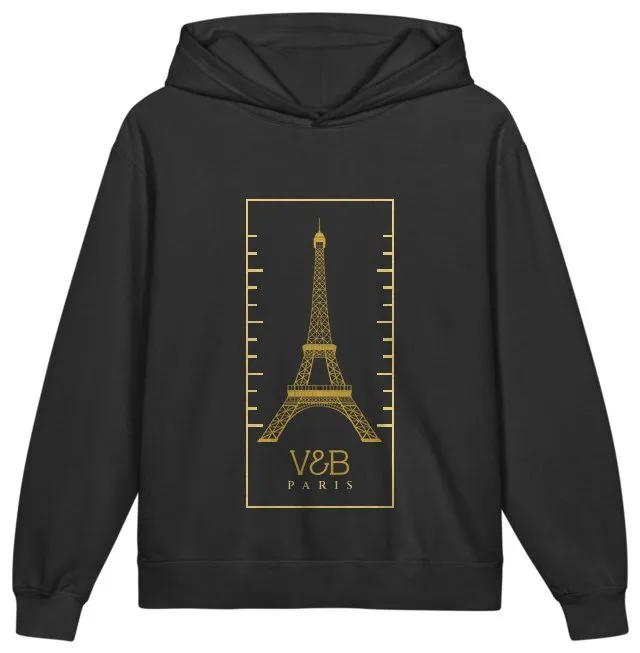 La Charpente Fleece Hoodie, Vetta Edition, Black: The Eiffel Tower at full height inside a measured hairline frame, with ticks down both uprights