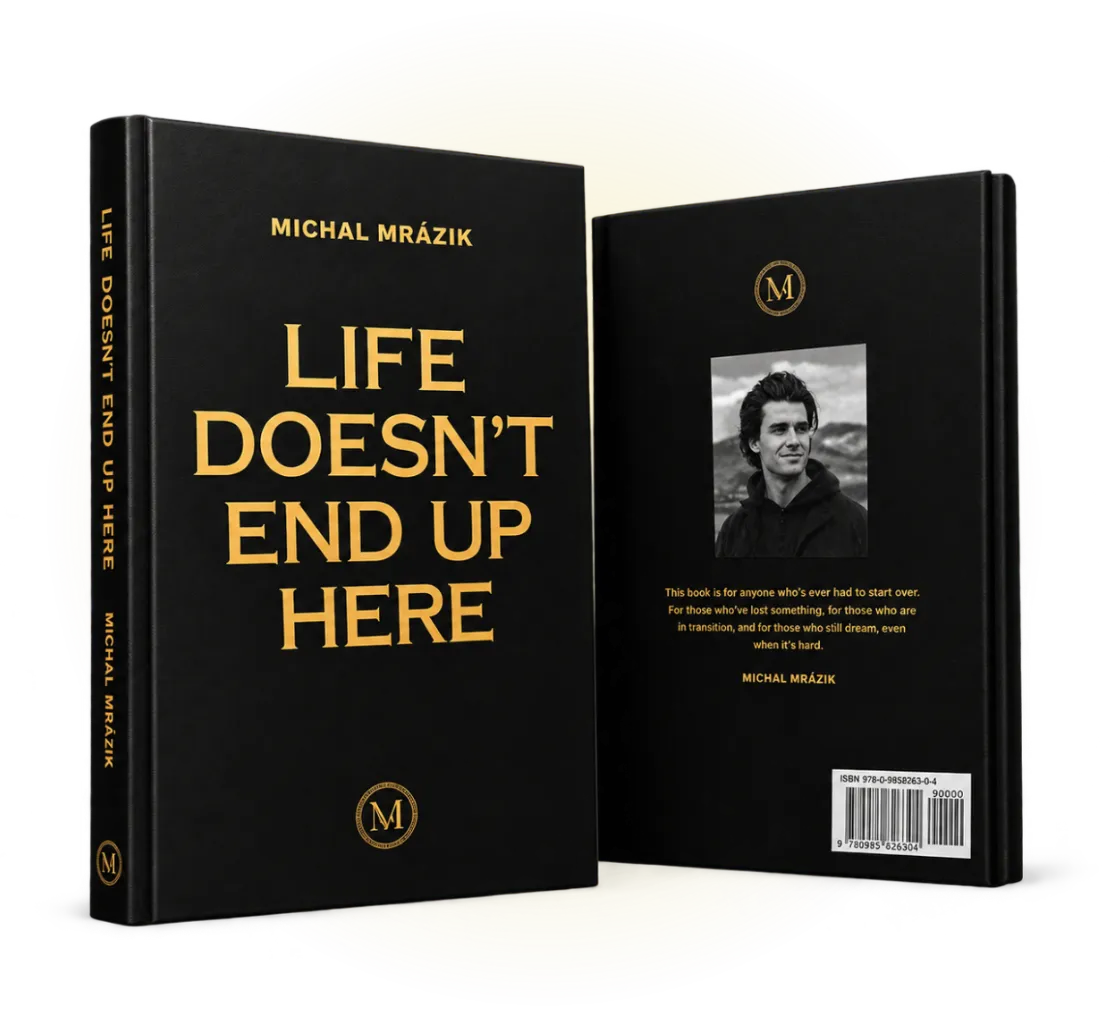 Black hardcover book mockup for Life Doesn't End Up Here displayed with open pages in a dark-themed UI layout.