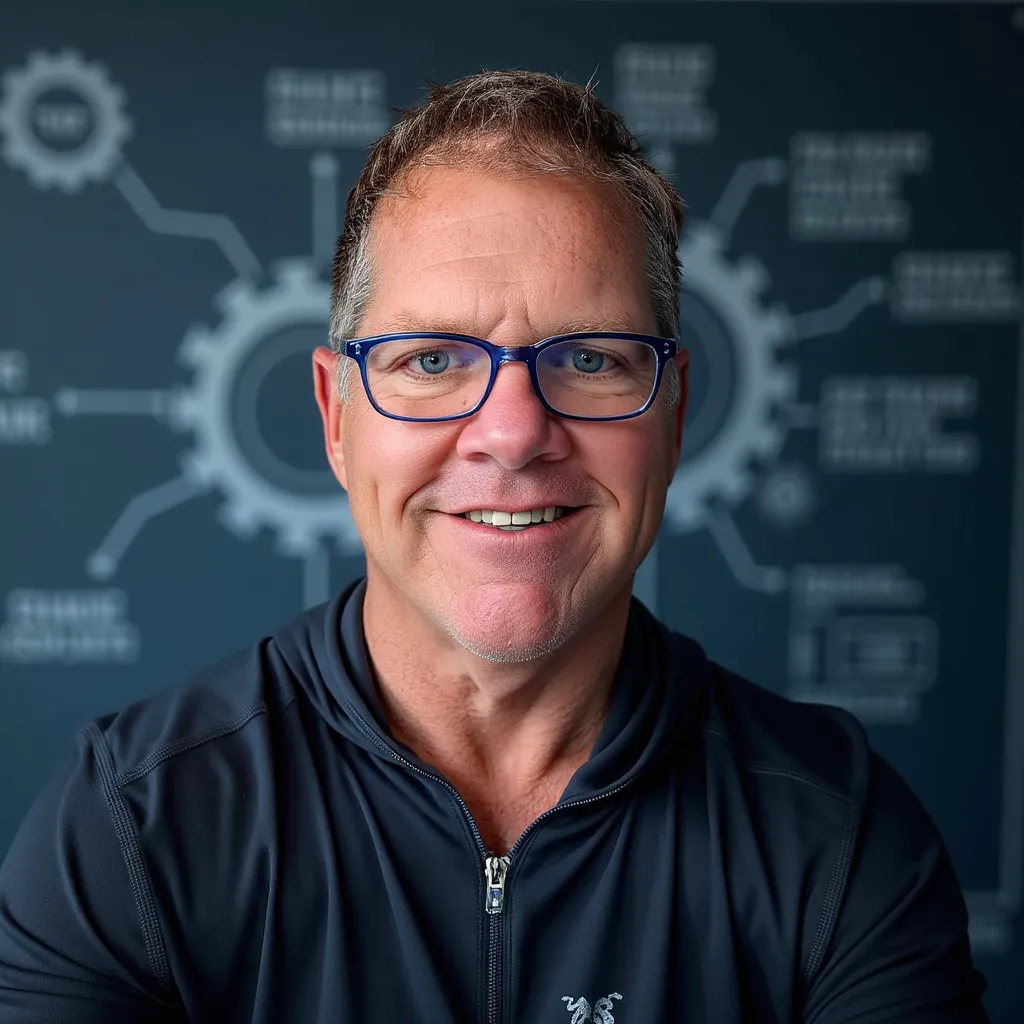 Founder portrait: warm, candid waist-up portrait of a mid-50s founder smiling in a light office setting; soft natural light, shallow depth of field, approachable editorial tone.