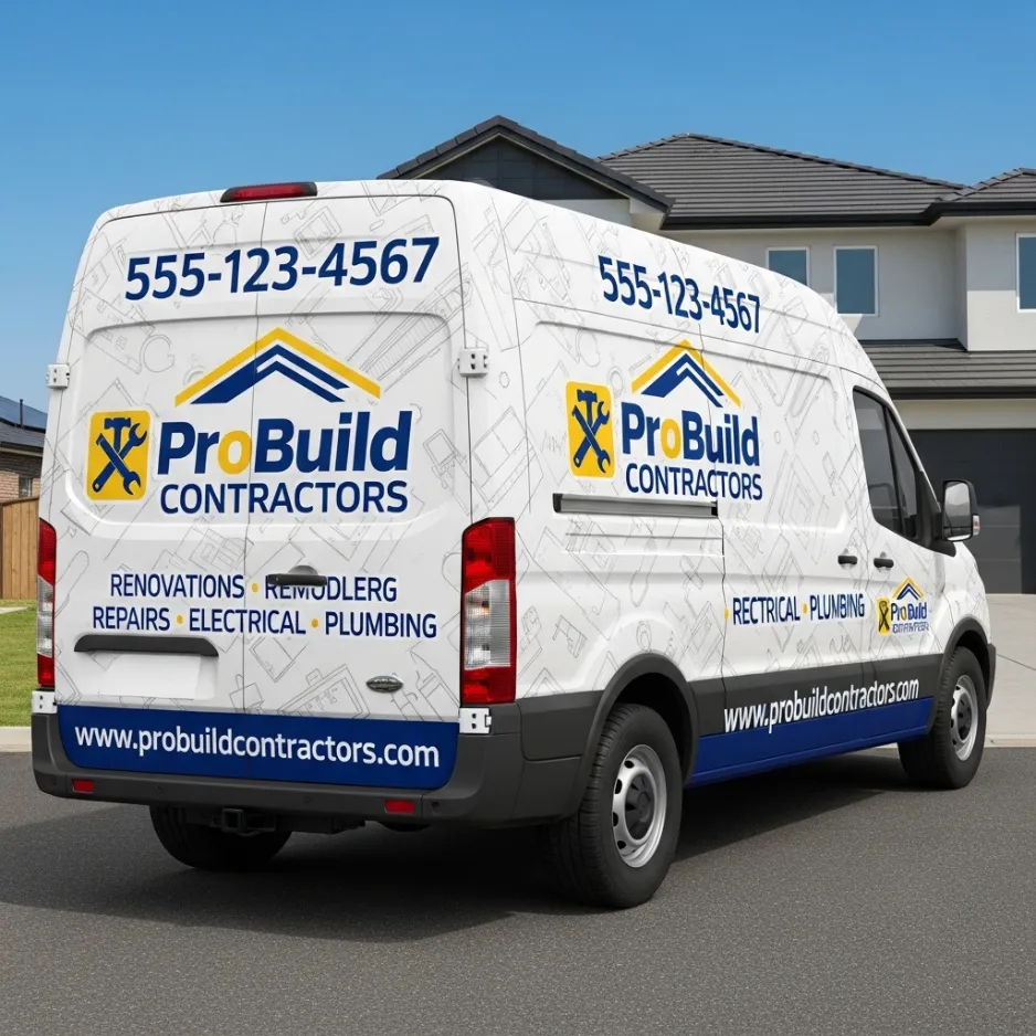 High-roof cargo van featuring a full ProBuild Contractors vehicle wrap, including high-contrast contact info, service listings, and professional logo placement.
