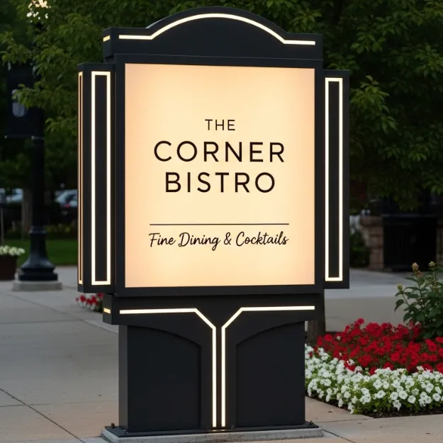 The Corner Bistro illuminated post and panel sign with a classic black frame and glowing white face for high evening visibility.