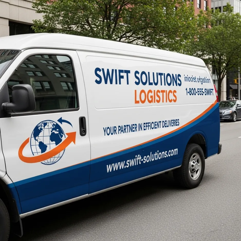 Partial cargo van wrap for Swift Solutions Logistics, featuring a custom blue swoosh design, globe logo, and high-contrast contact information on a white van.