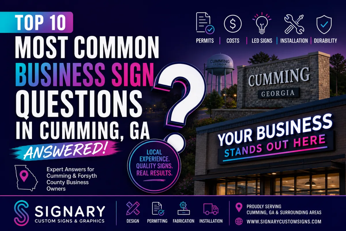 Top 10 most common business sign questions in Cumming GA answered by Signary Custom Signs & Graphics featuring monument signs, LED signs, permitting, installation, storefront signage, and commercial branding solutions in Forsyth County.