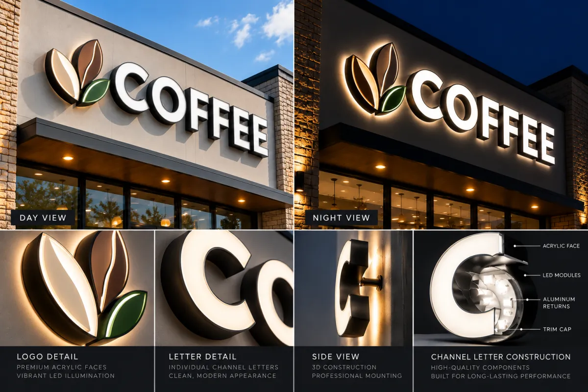 Custom illuminated channel letter signs showing day, night and side views in Cumming GA