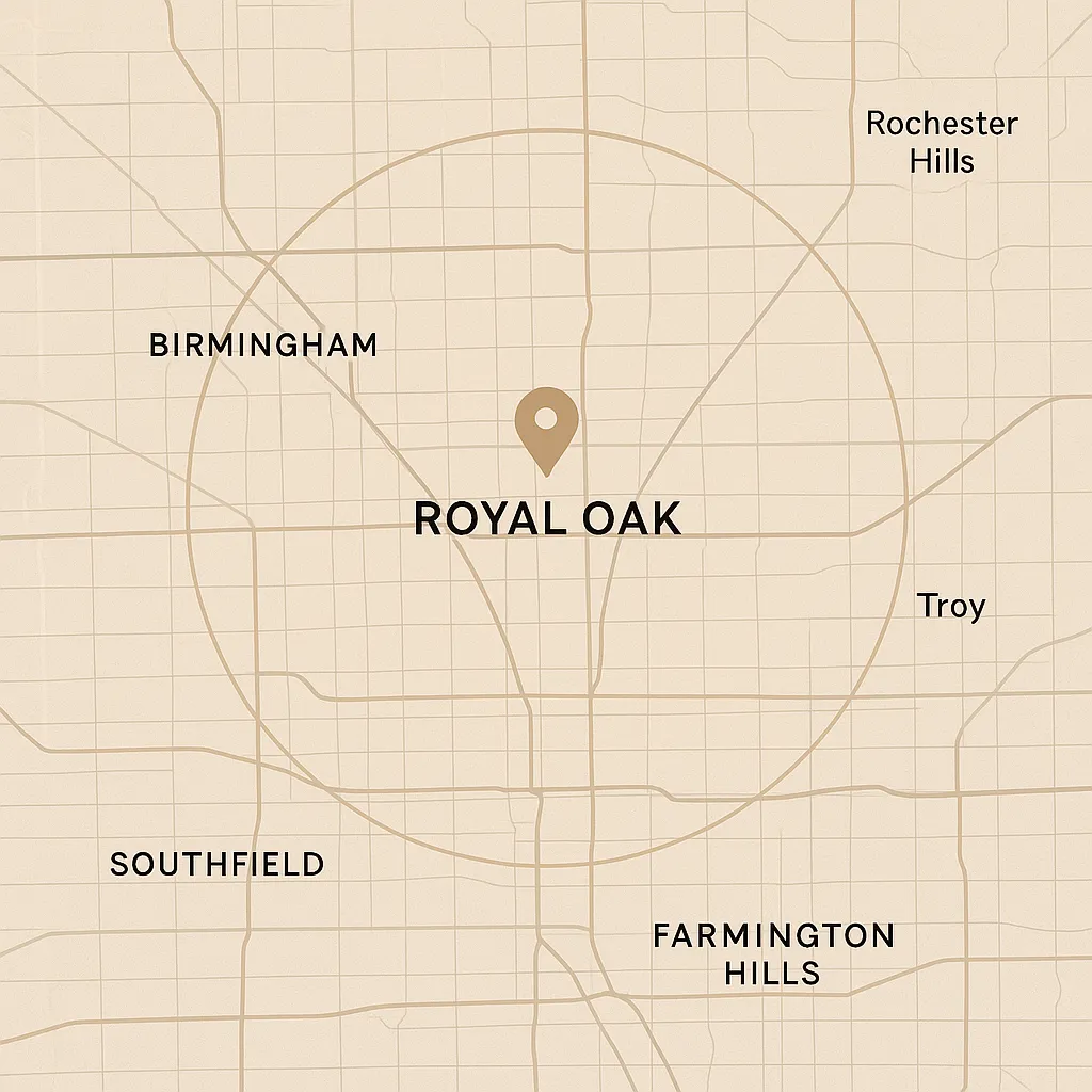 A detailed, modern map illustration highlighting Royal Oak at the center, with clear markers for Birmingham, Troy, Rochester Hills, Southfield, and Farmington Hills. The map uses warm neutral tones and clean lines, emphasizing the service area radius.