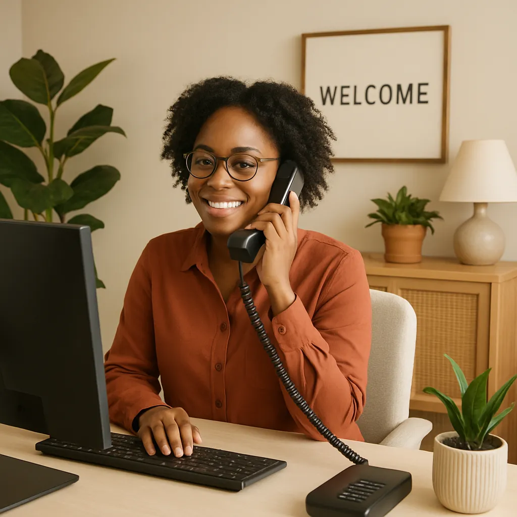 A friendly office environment with a diverse team member answering a phone call at a modern desk, surrounded by plants and warm decor. The setting is welcoming and professional, reflecting approachability and attentive customer service.