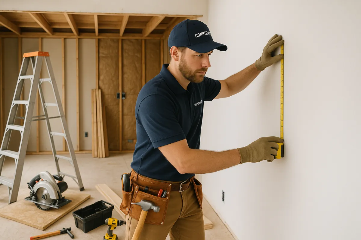 A skilled construction team member in branded attire carefully measures a wall in a partially renovated home, surrounded by high-quality tools and materials. The setting is bright and organized, highlighting attention to detail and professionalism.