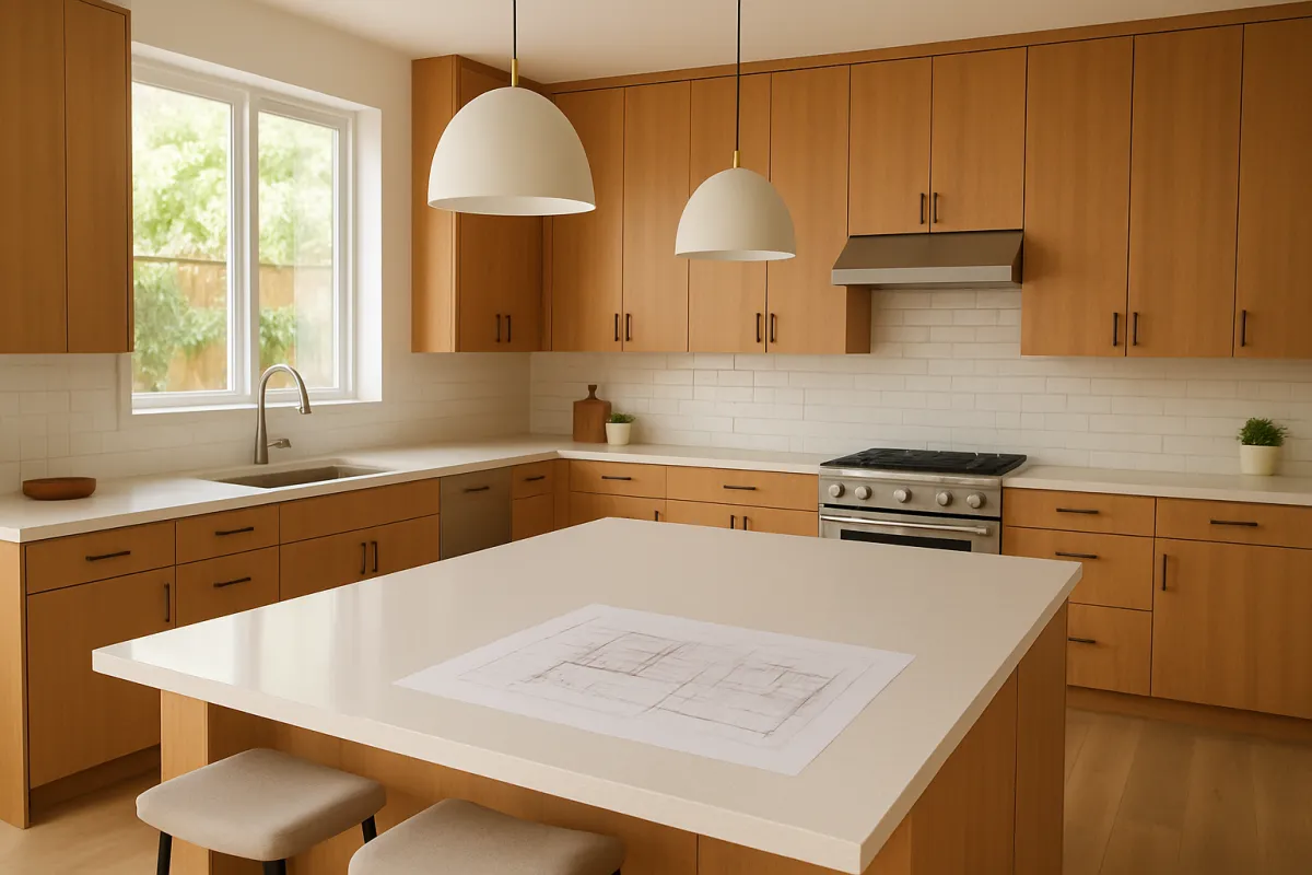A modern, sunlit kitchen with clean lines, warm wood cabinetry, and a large island, featuring a smiling couple discussing renovation plans with a professional designer. The space is open, inviting, and filled with natural light, evoking a sense of transformation and comfort.
