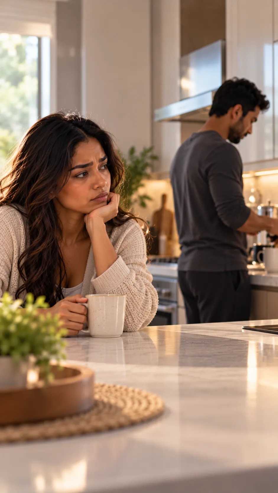 A tired partner sitting at a kitchen table after a difficult conversation, with an untouched cup of coffee nearby.