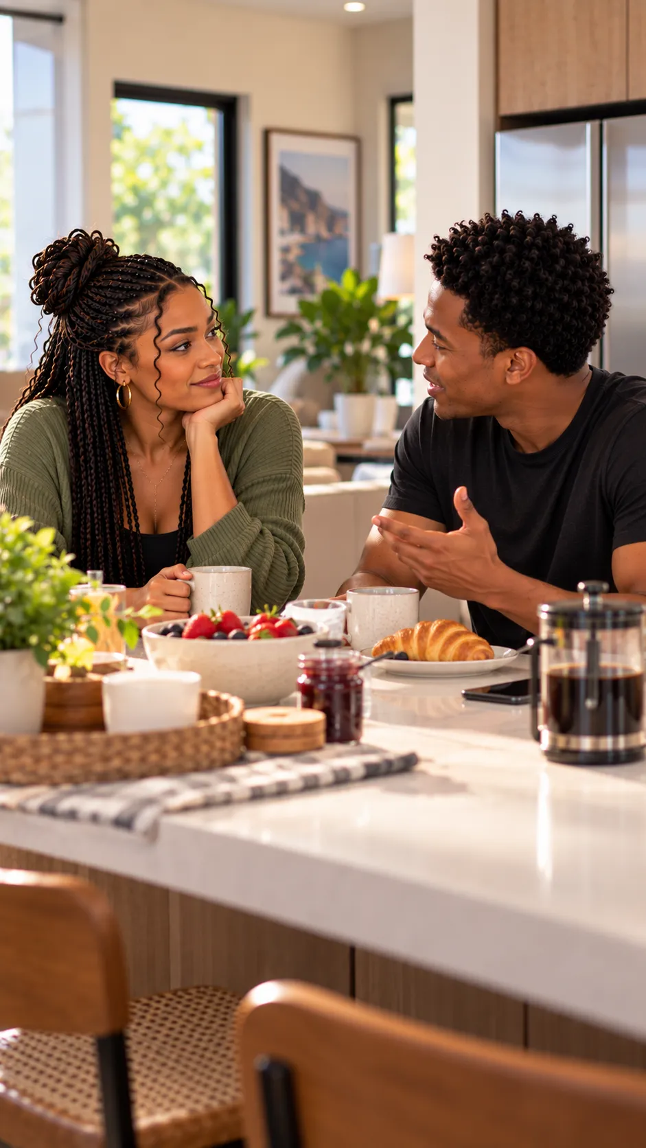 Married couple talking quietly in the kitchen after the children go to bed